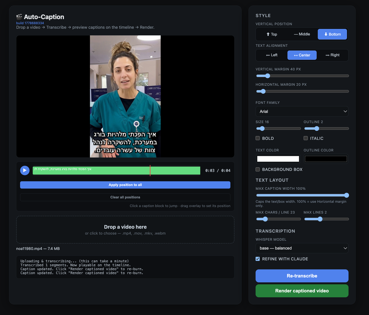 Auto-Caption editor UI - video preview with a draggable caption overlay, timeline segments below, and style controls on the right
